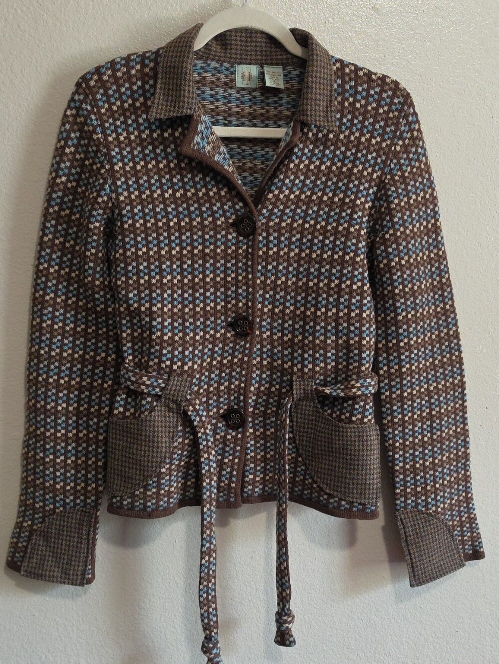Anthropologie HWR Retro Style Houndstooth Detail Wool Sweater Jacket, Medium